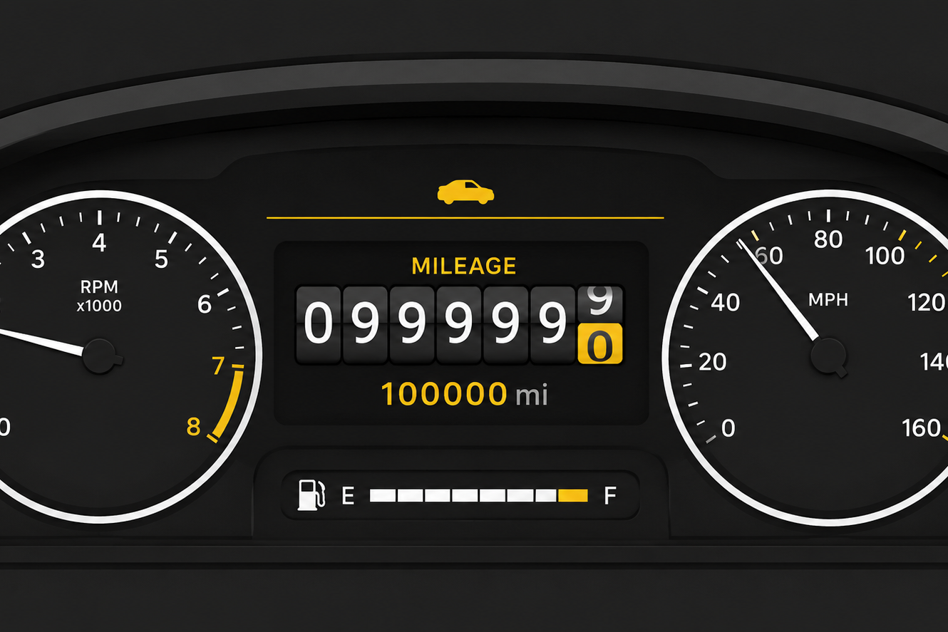 A car's dashboard displaying the odometer rolling over a new mile. A simple illustration to represent the mileage rate for towing.