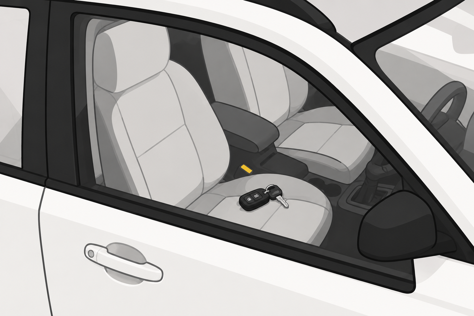 A view of keys inside a car which may require a lockout service from a tow or roadside assistance company if the keys are locked inside the vehicle.