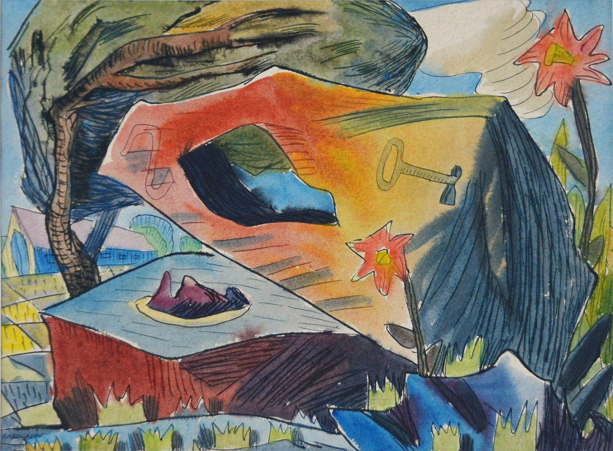 08.07.1948, 37x27cm, Tomb of the Fossil, Harlech, Watercolour, R Mednikoff