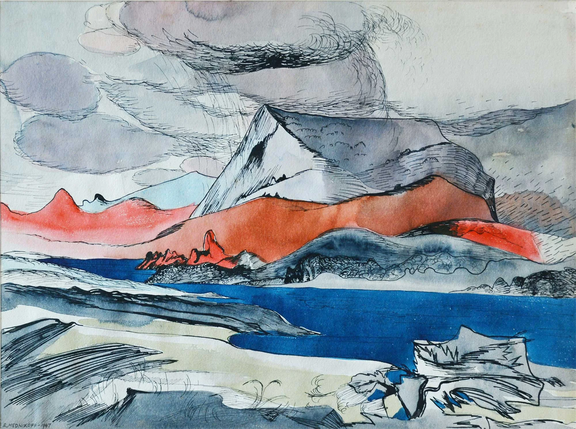 1947, 37x27cm Untitled, Watercolour and pen, R Mednikoff