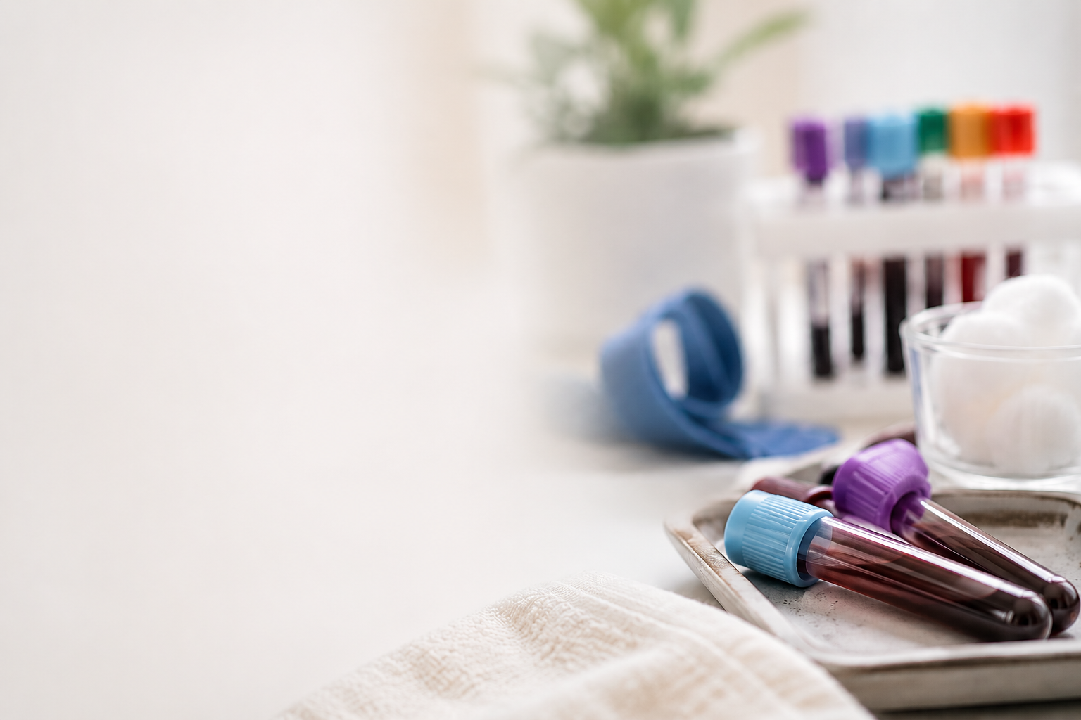 Blood collection tubes with purple and blue caps on a tray, a bowl of cotton balls, and a test tube rack with colorful test tubes in the background, on a white surface.