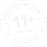 Fire protection logo with '11+ years of expertise' in a circular design