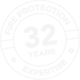 Circular emblem with the text 'Fire Protection Expertise 32 Years'