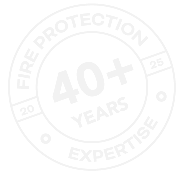 Circular fire protection badge with 40+ years of expertise, with the years 2019, 2020, 2021, 2022, and 2023 around the edge.