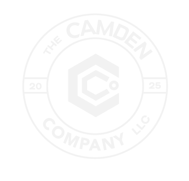 A circular logo for The Camden Company LLC, featuring a hexagonal and C-shaped design in the center, with the company name and '20 25' on either side.