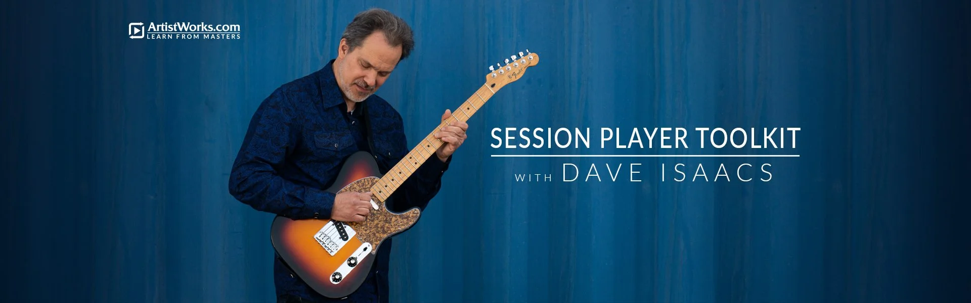 Dave Isaacs playing an electric guitar in front of a blue background, with text promoting his "session player toolkit" on-demand online guitar course.