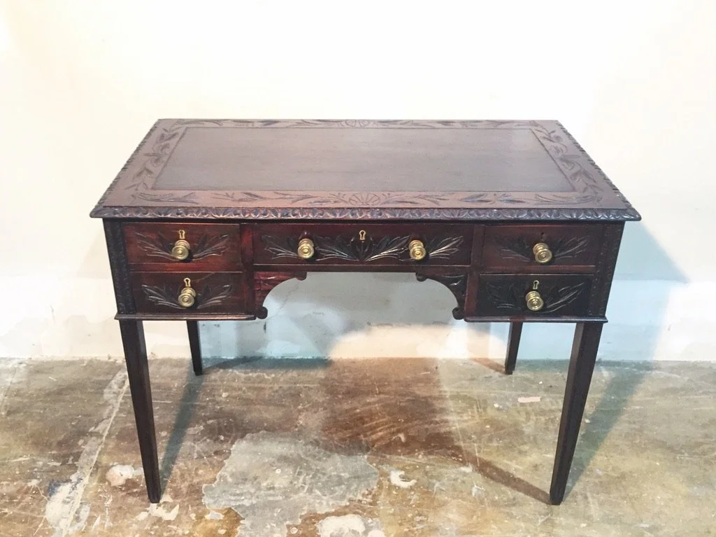 Vintage Carved Wood Writing Desk with Brass Pulls