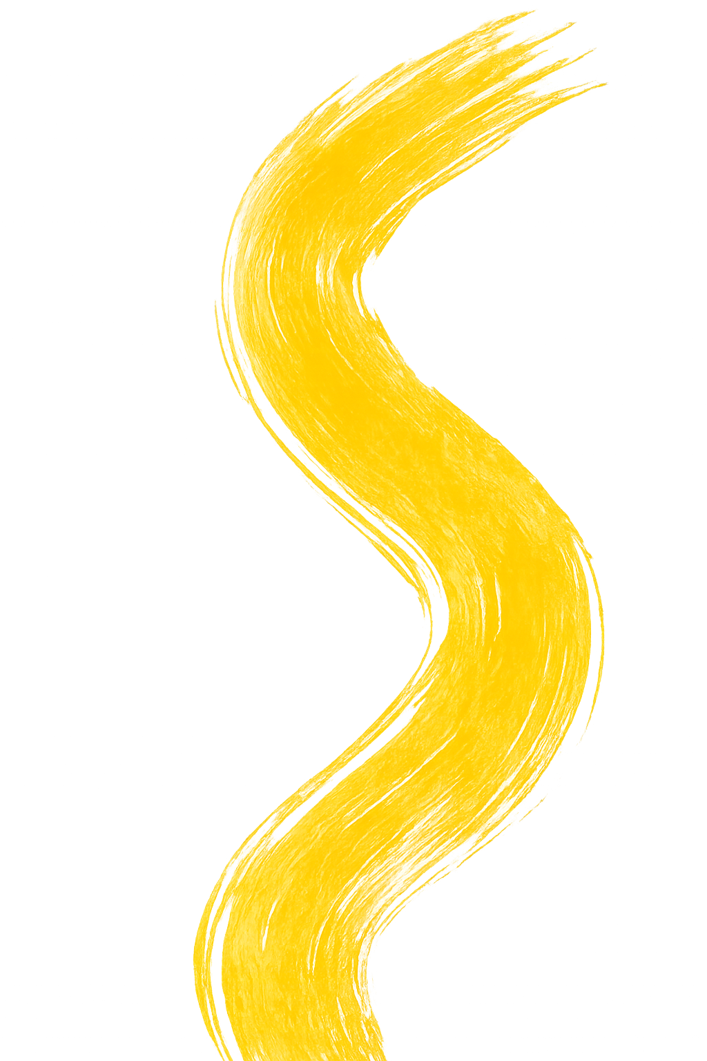 A large, bright yellow, abstract brushstroke in the shape of a winding S on a solid black background.