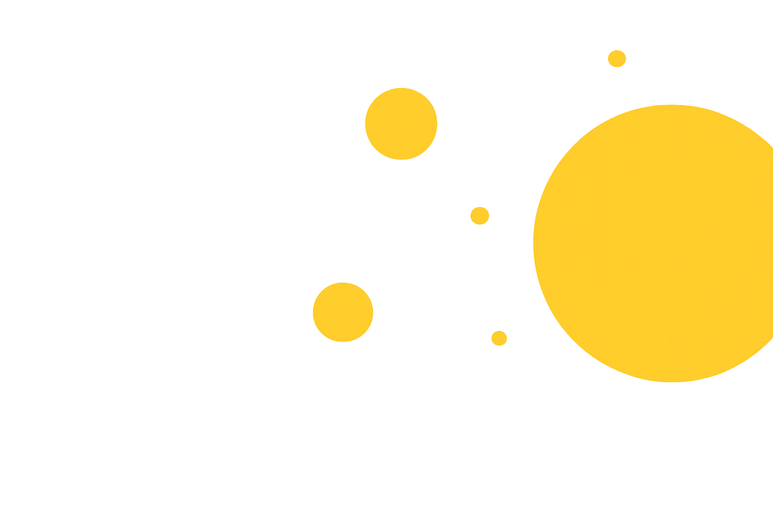 Multiple yellow circles of varying sizes on a black background, resembling planets or celestial bodies.