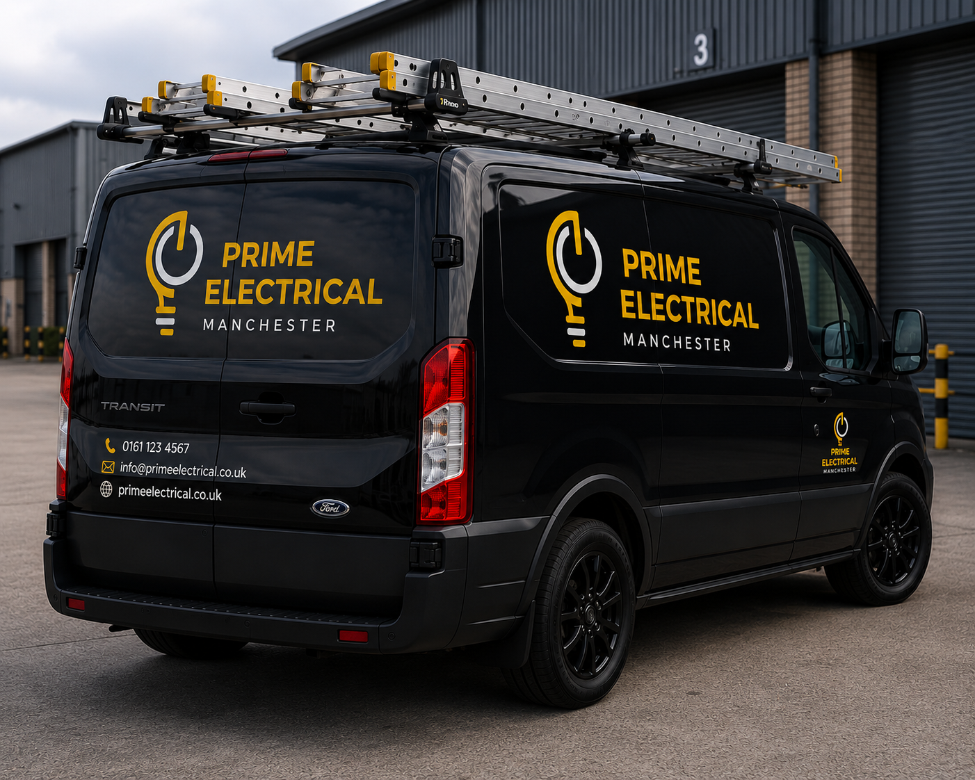 Black service van with yellow and white graphics for Prime Electrical Manchester, parked outside an industrial building, with a roof rack on top.