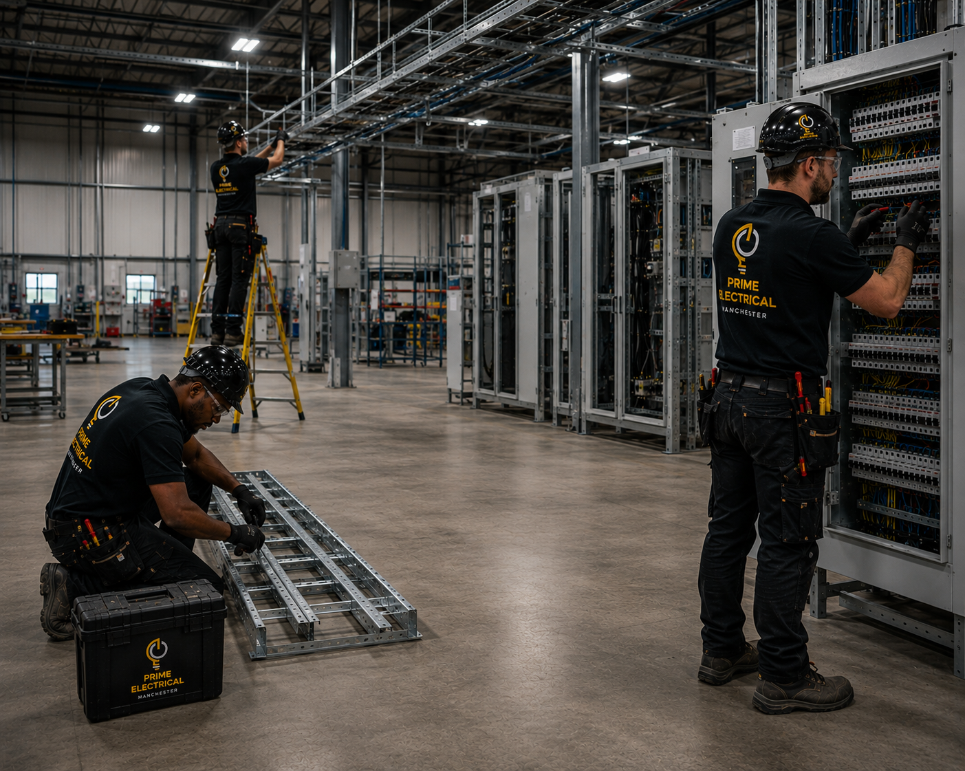 Three electricians working in a large industrial space to install and maintain electrical panels, with one on a ladder, one kneeling on the floor, and one working on a panel.