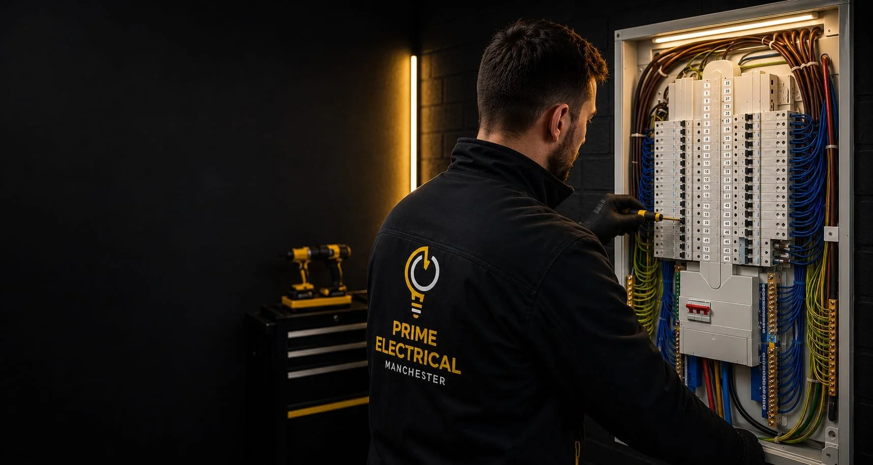 Electrician working on an electrical panel with organized wires in a dimly lit room, wearing a black jacket labeled 'Prime Electrical Manchester'.