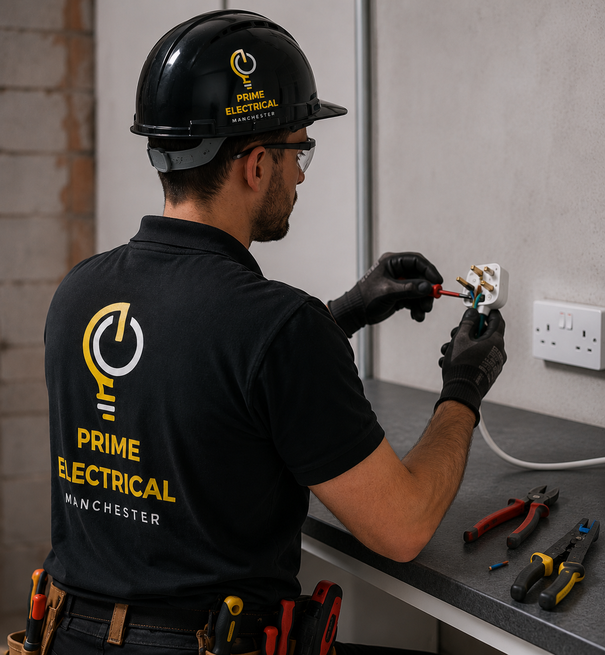 An electrician wearing a black helmet and a black shirt with the logo 'Prime Electrical Manchester' working on an electrical outlet with a screwdriver, tools placed on the table.