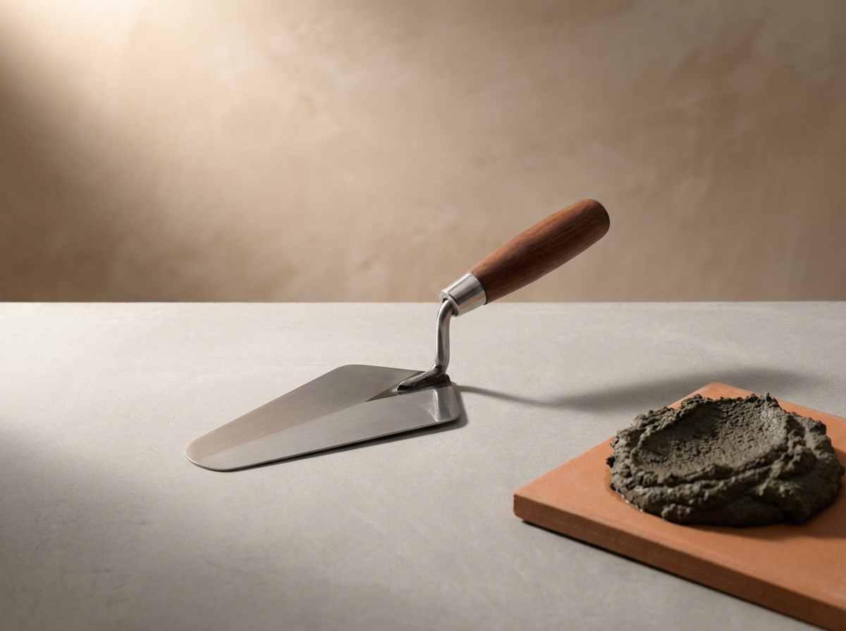A trowel with a wooden handle and metal blade on a light-colored surface, with a piece of clay or cement on a wooden board next to it.