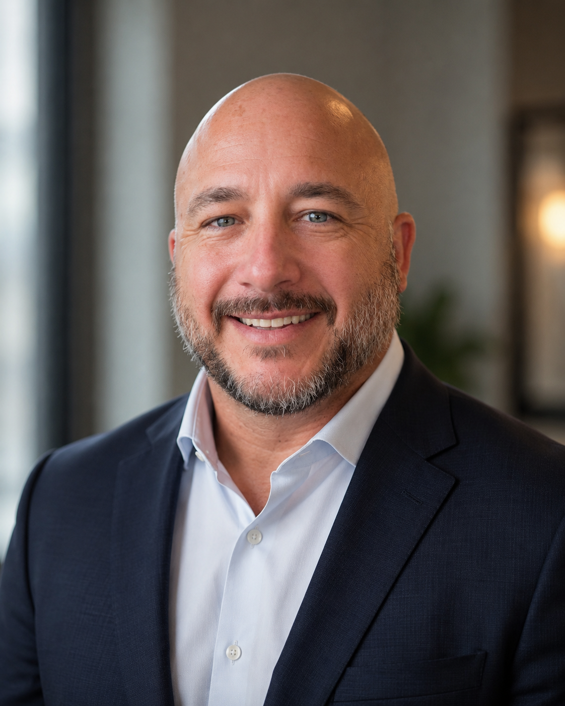 A professional headshot of a smiling, bald man with a beard wearing a dark suit jacket and white shirt, in a modern office setting.