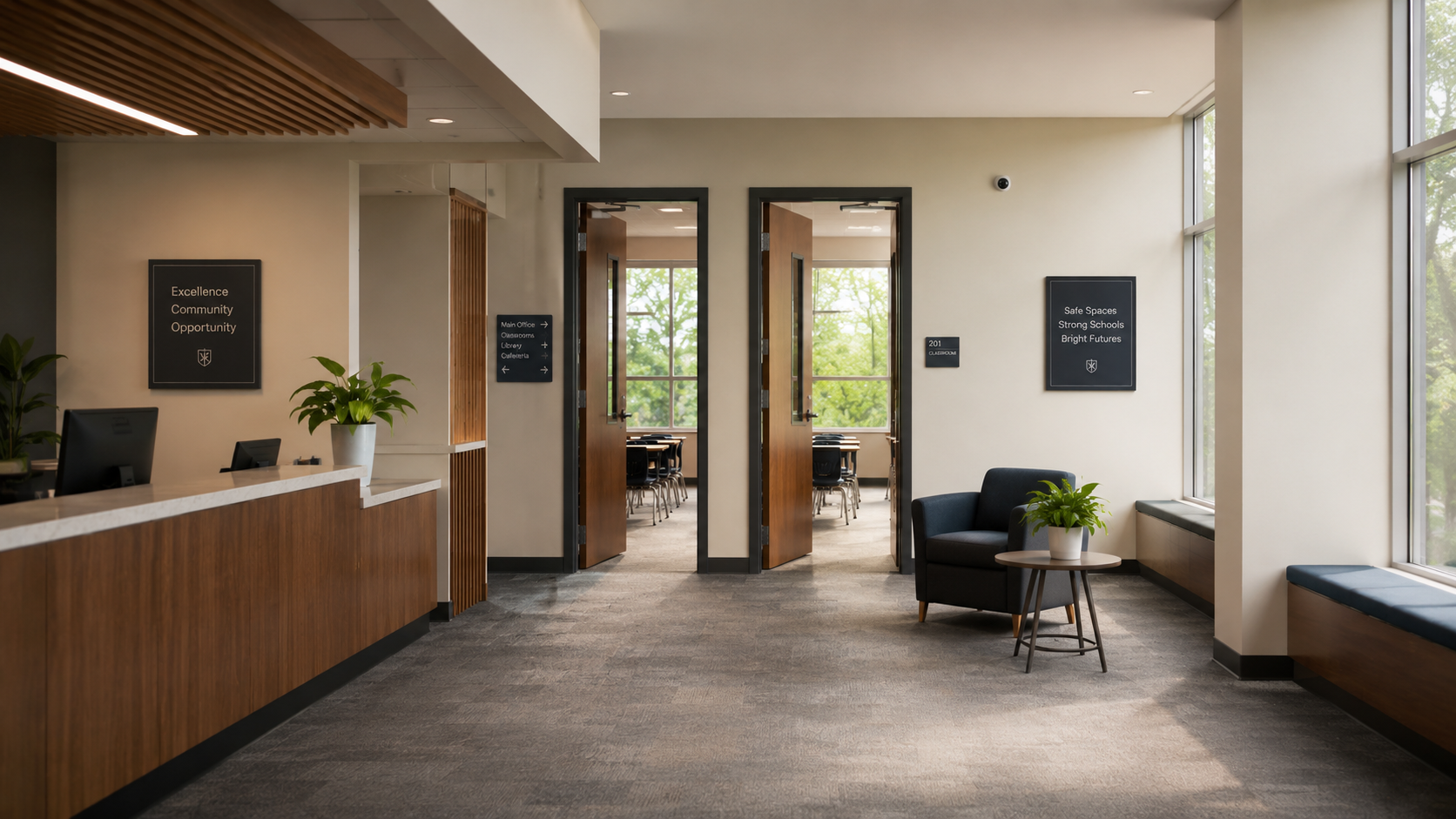 Modern school lobby with classroom access points representing practical protective infrastructure planning for vulnerable interior spaces.