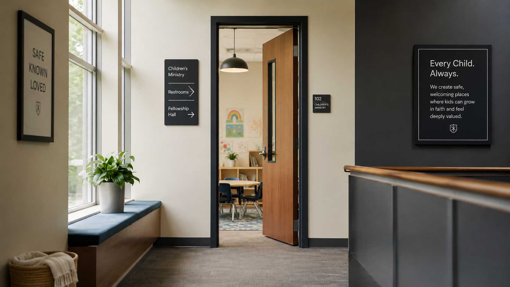 Interior children’s ministry hallway representing vulnerable spaces in schools, churches, and community facilities.