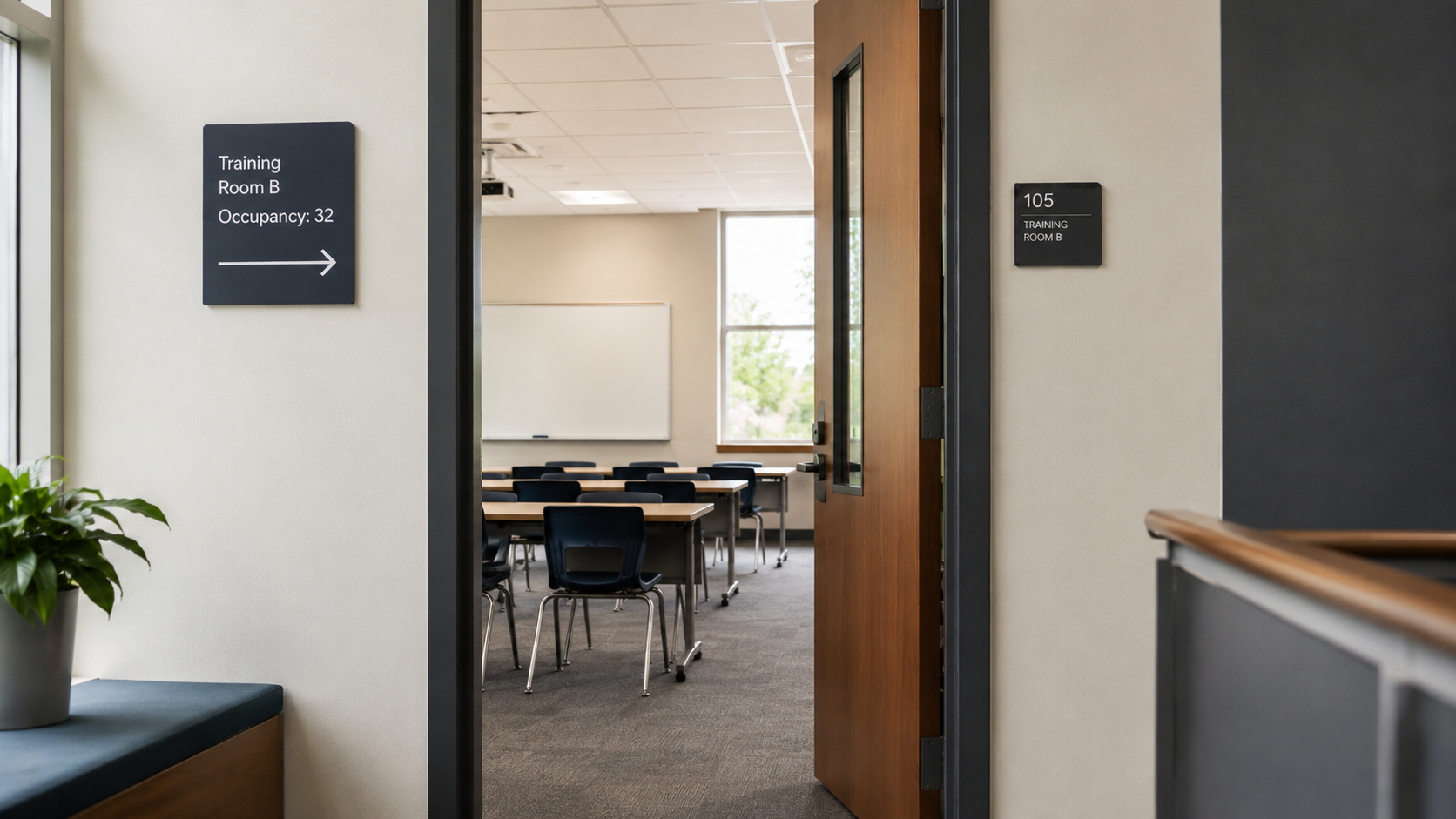 Modern school hallway with an open classroom doorway representing selected interior access points for layered facility safety planning.