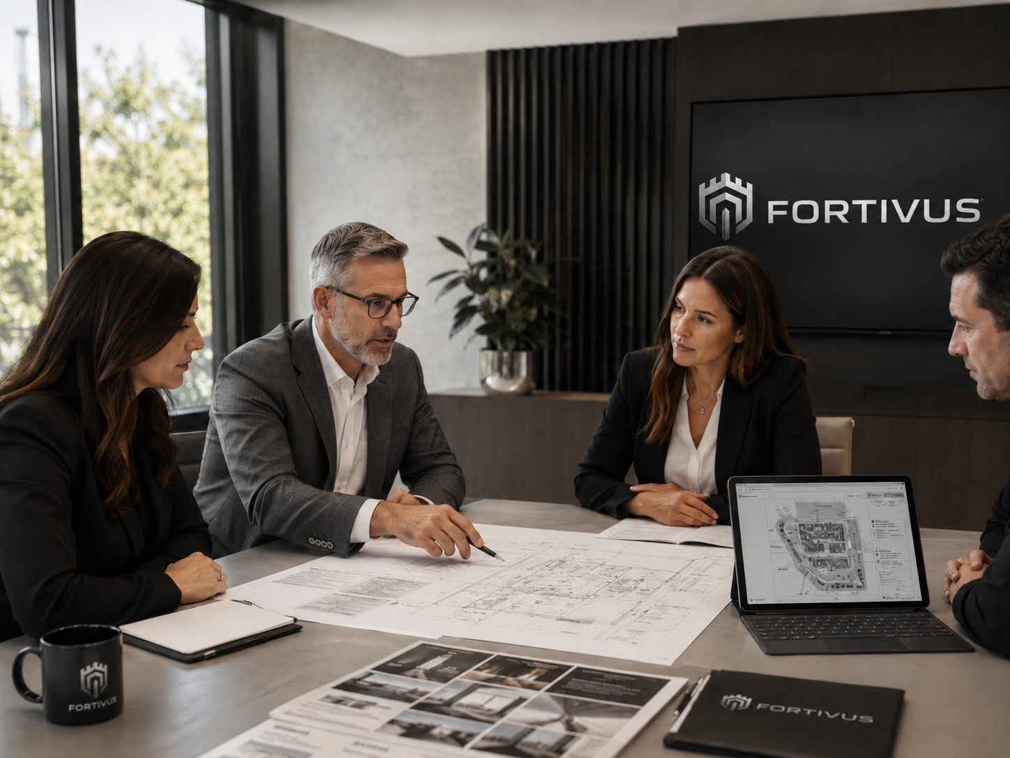 A group of four business professionals in a meeting room with a large screen displaying the 'Fortivus' logo. They are discussing architectural blueprints and digital plans on the table, with laptops and documents surrounding them.