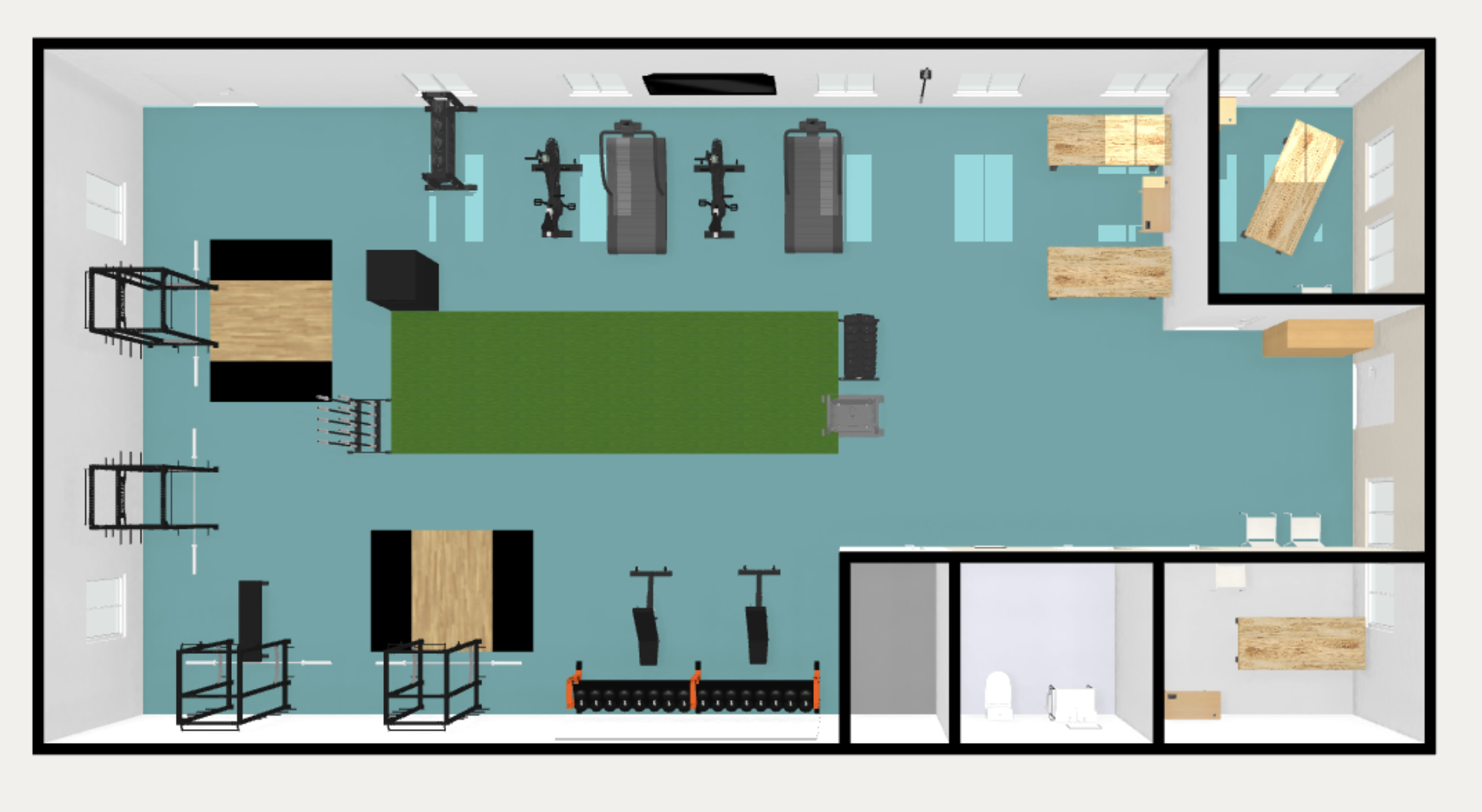 Floor plan of a fitness studio with gym equipment, workout area, and workout accessories.