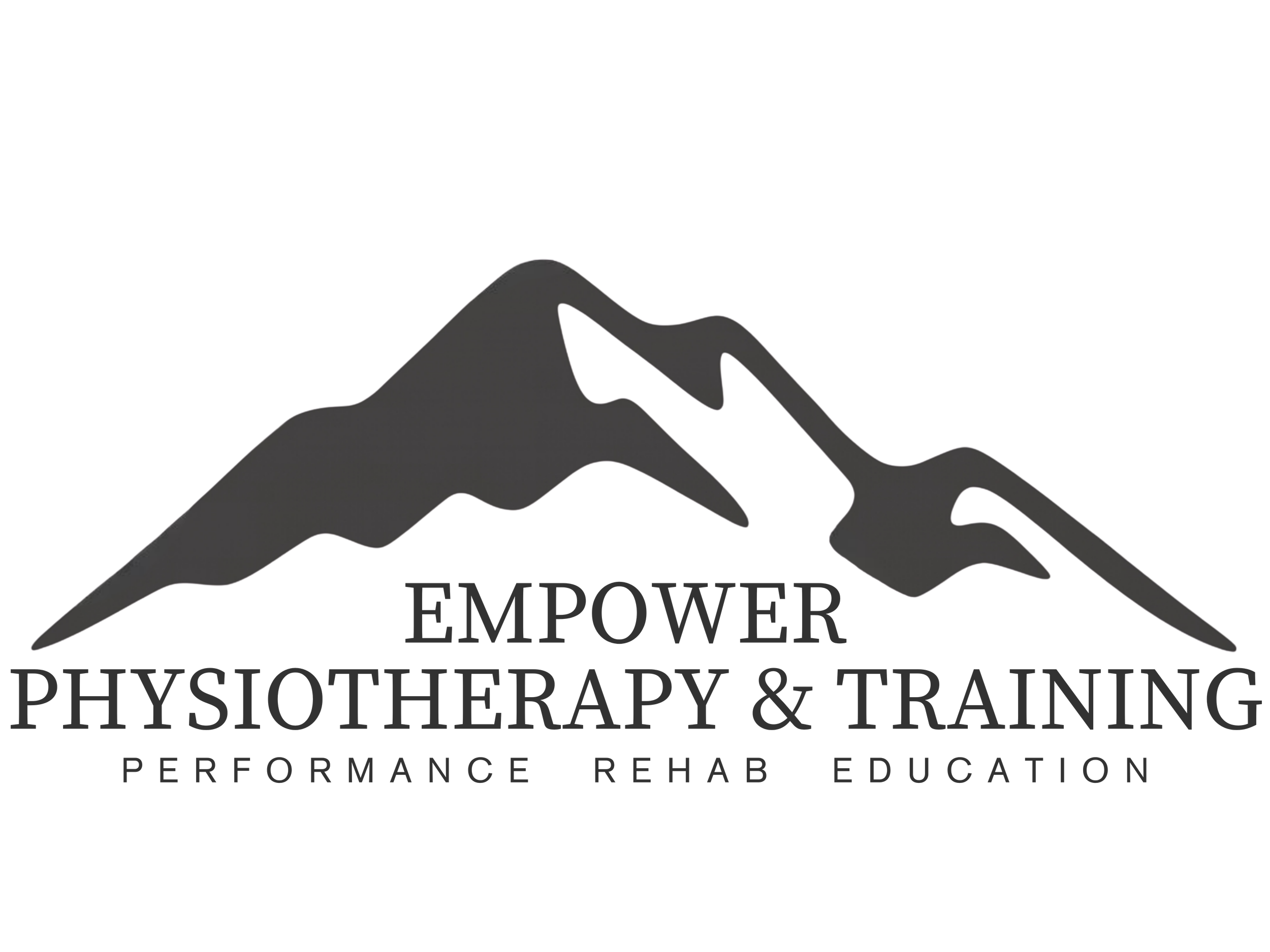 Mountain silhouette with text overlay reading "Empower, Performance, Rehabilitation, Education".