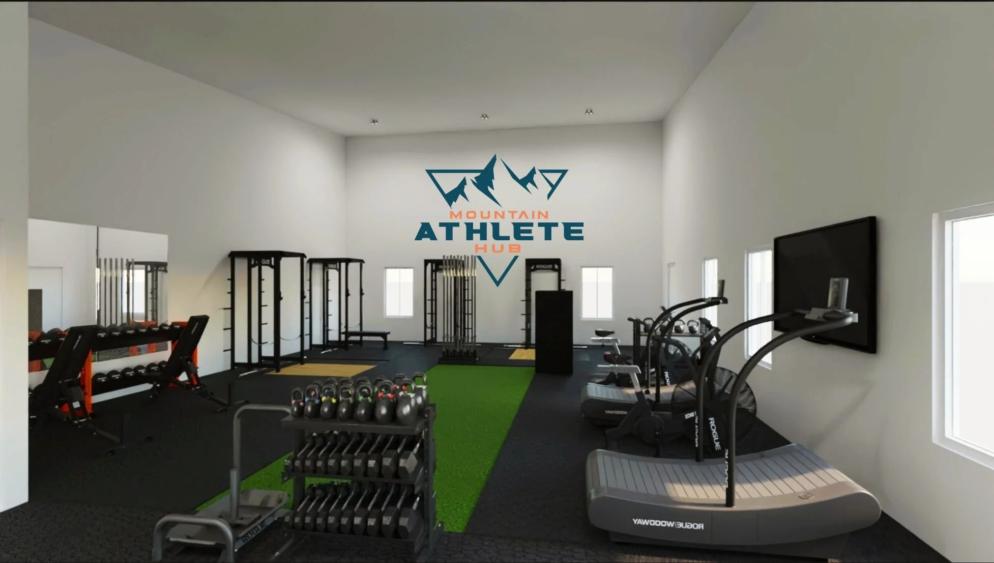 Fitness room with weightlifting equipment, cardio machines, and a wall art logo reading 'Mountain Athlete Hub'.