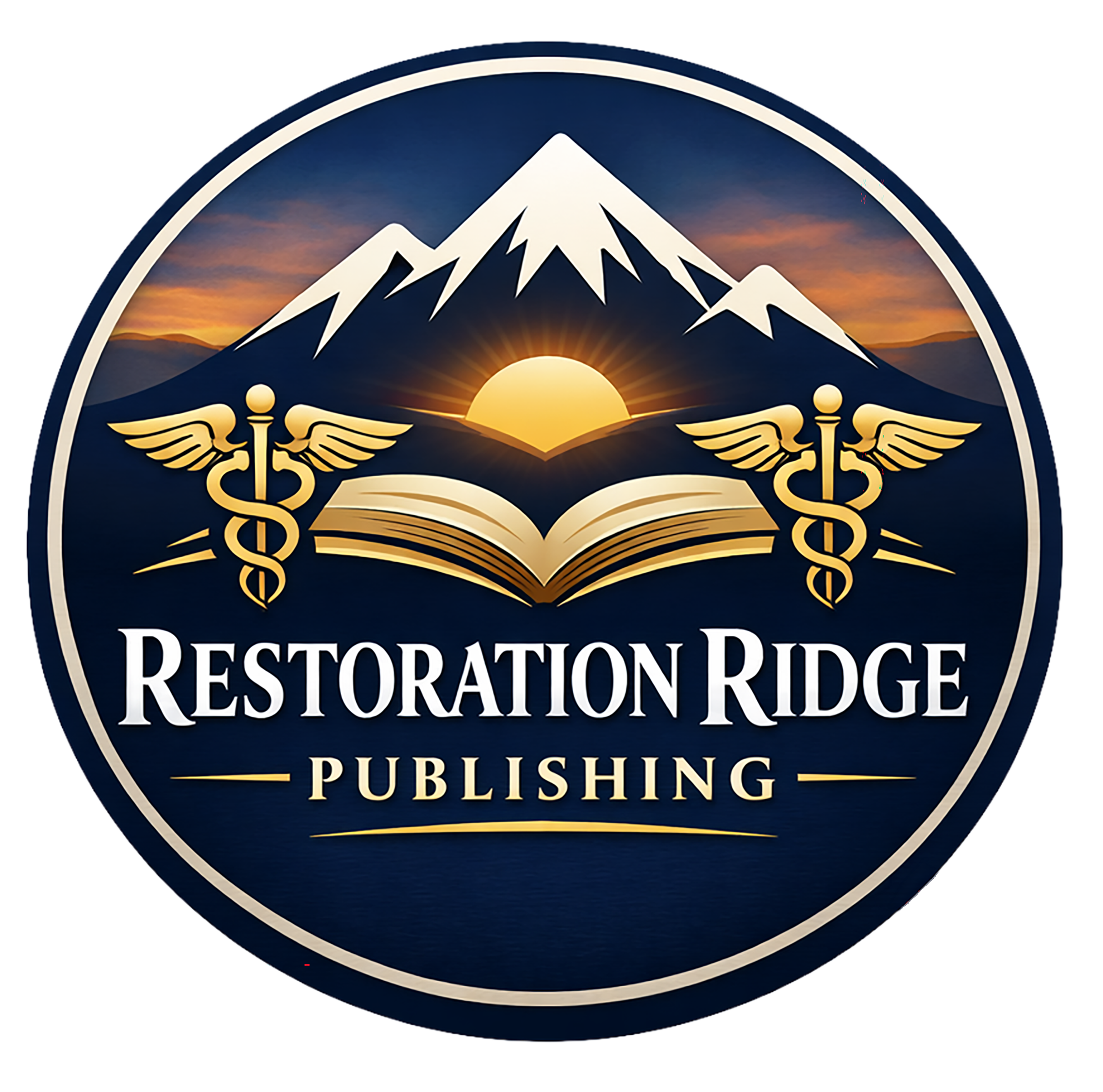 A circular logo for Desert Mountain Publishing featuring a mountain with snow, a sunrise, and medical symbols with wings.