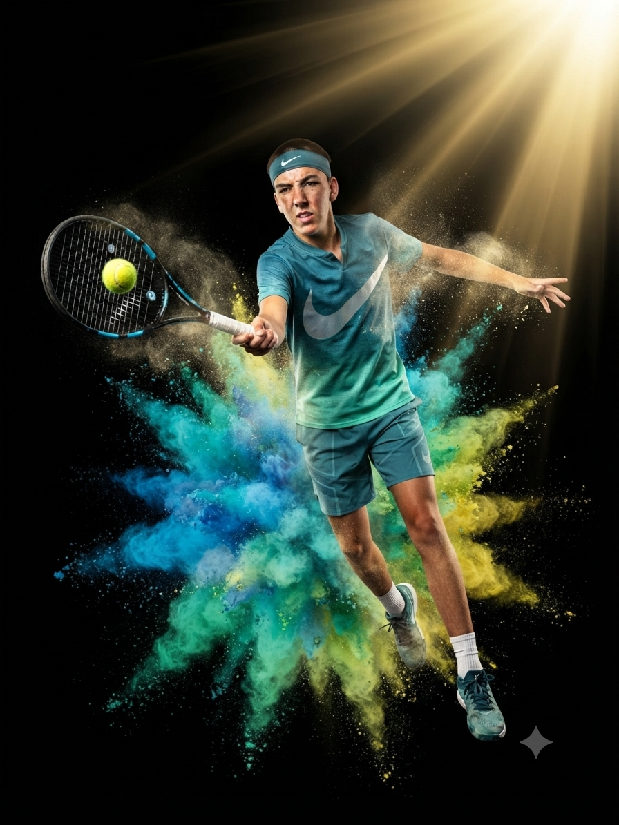 Young male tennis player in blue sportswear with a Nike logo, holding a tennis racket in a forehand position, preparing to hit a tennis ball against a black background with colorful powder explosion and radiant light beams.