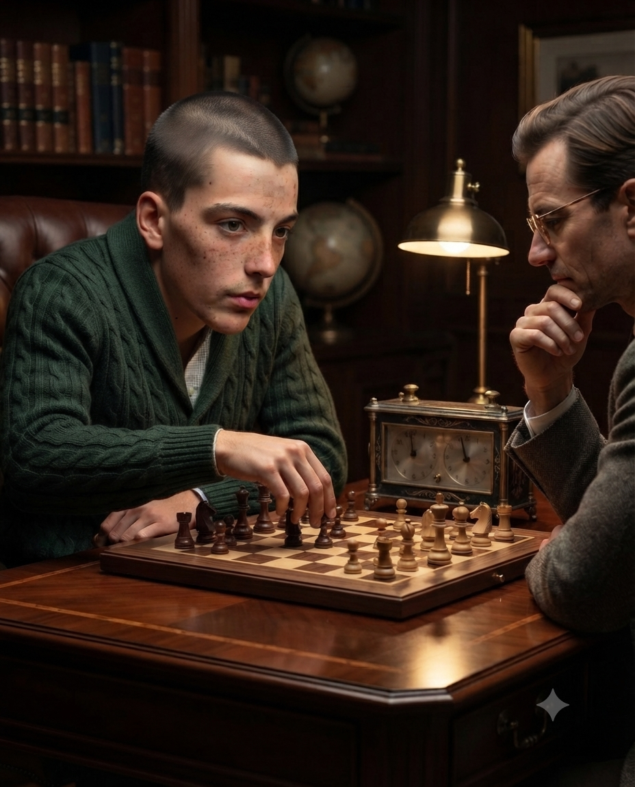 Young man and older man playing chess at a wooden table in a study room with bookshelves and globes. The young man is making a move while the older man observes thoughtfully.