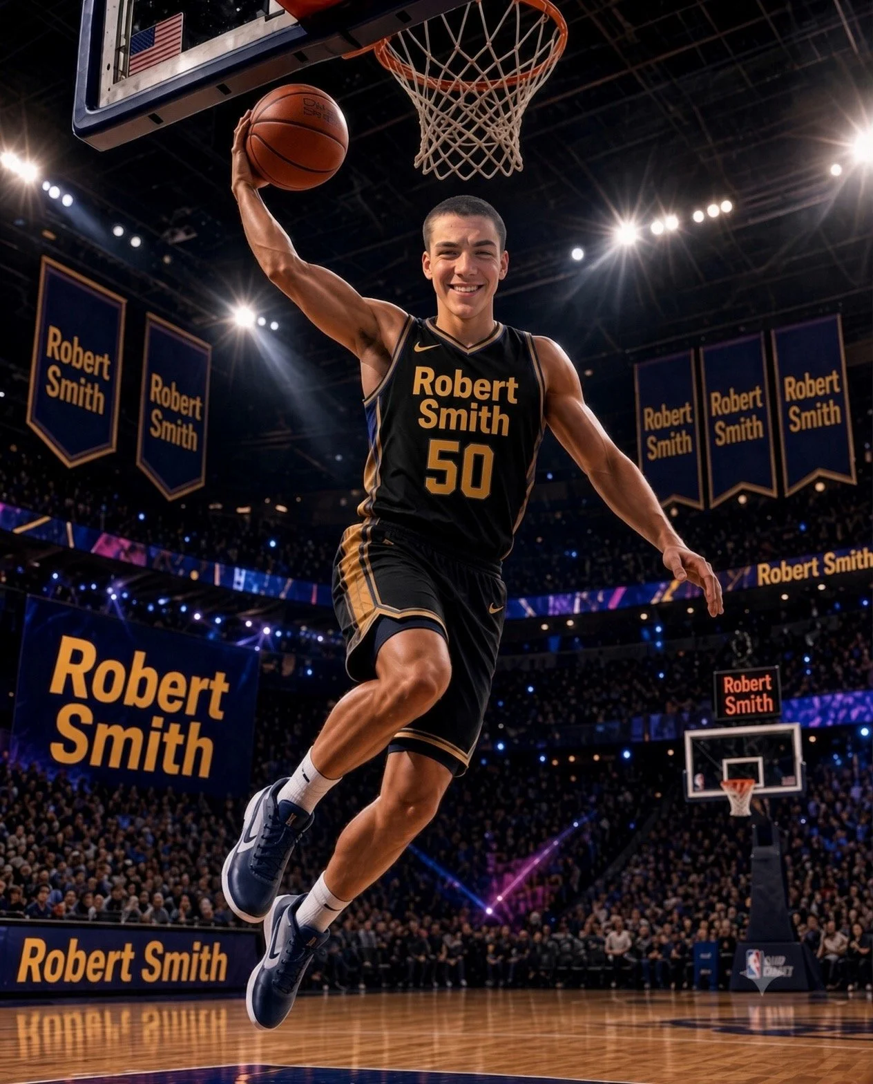 A basketball player in mid-air preparing to dunk during a game, with banners and signs reading "Robert Smith" in the background.