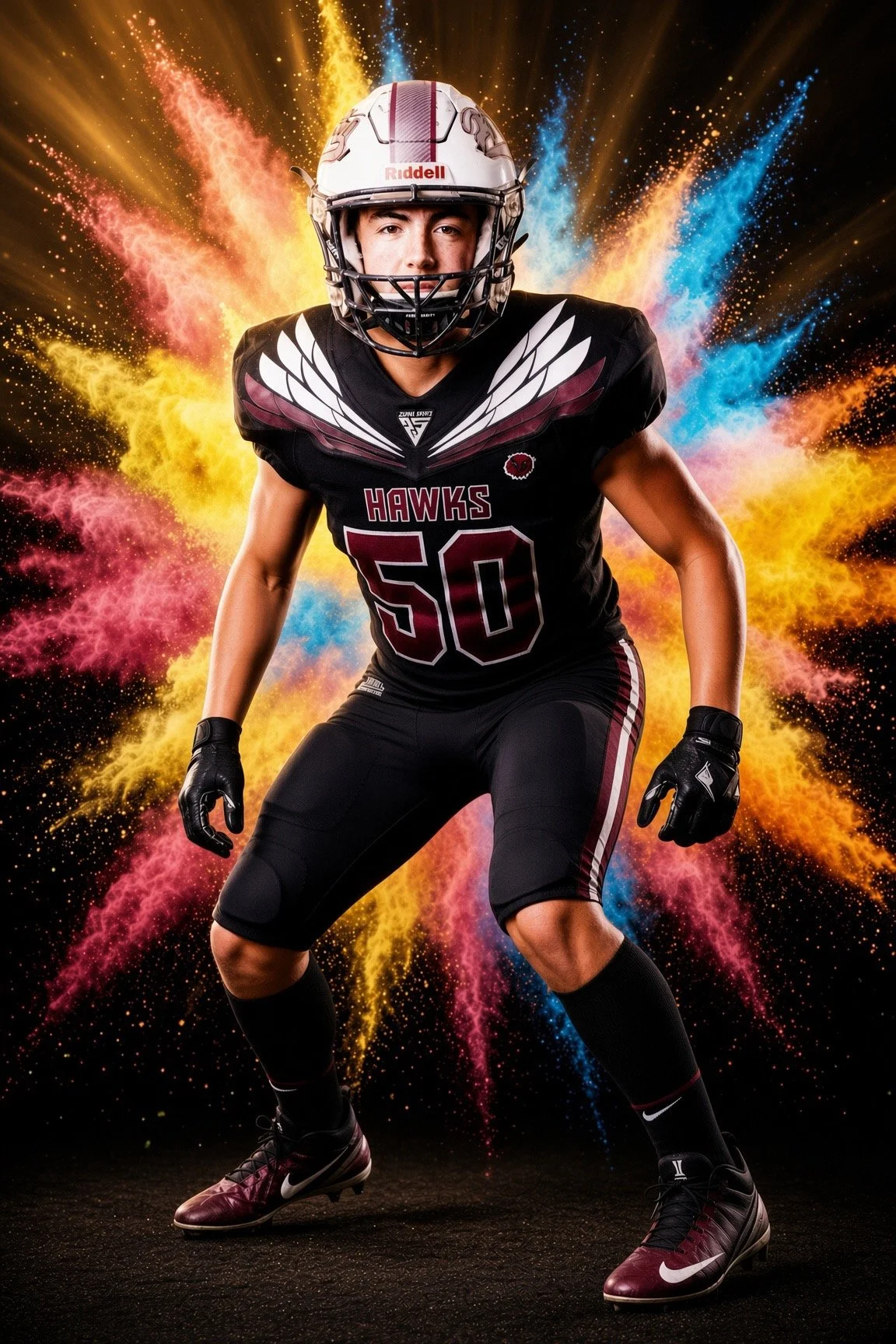 A young male football player in a black uniform with wings on the shoulders, number 50, and 'Hawks' written on the front, wearing a helmet and gloves, in a dynamic pose with colorful sparks in the background.