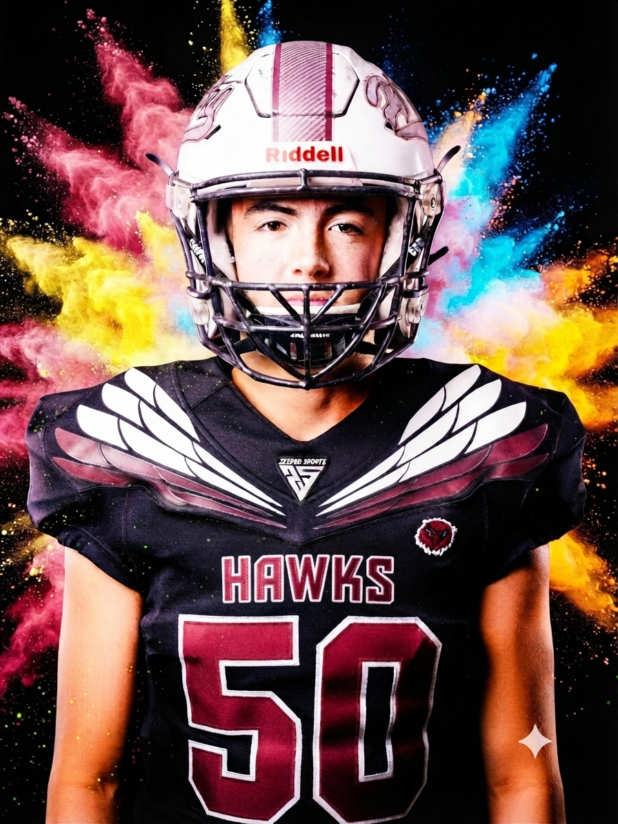 A young male football player wearing a black Hawks jersey with the number 50, a white helmet with pink and gray accents, and a face mask. The background features colorful explosion effects in pink, yellow, blue, and orange.