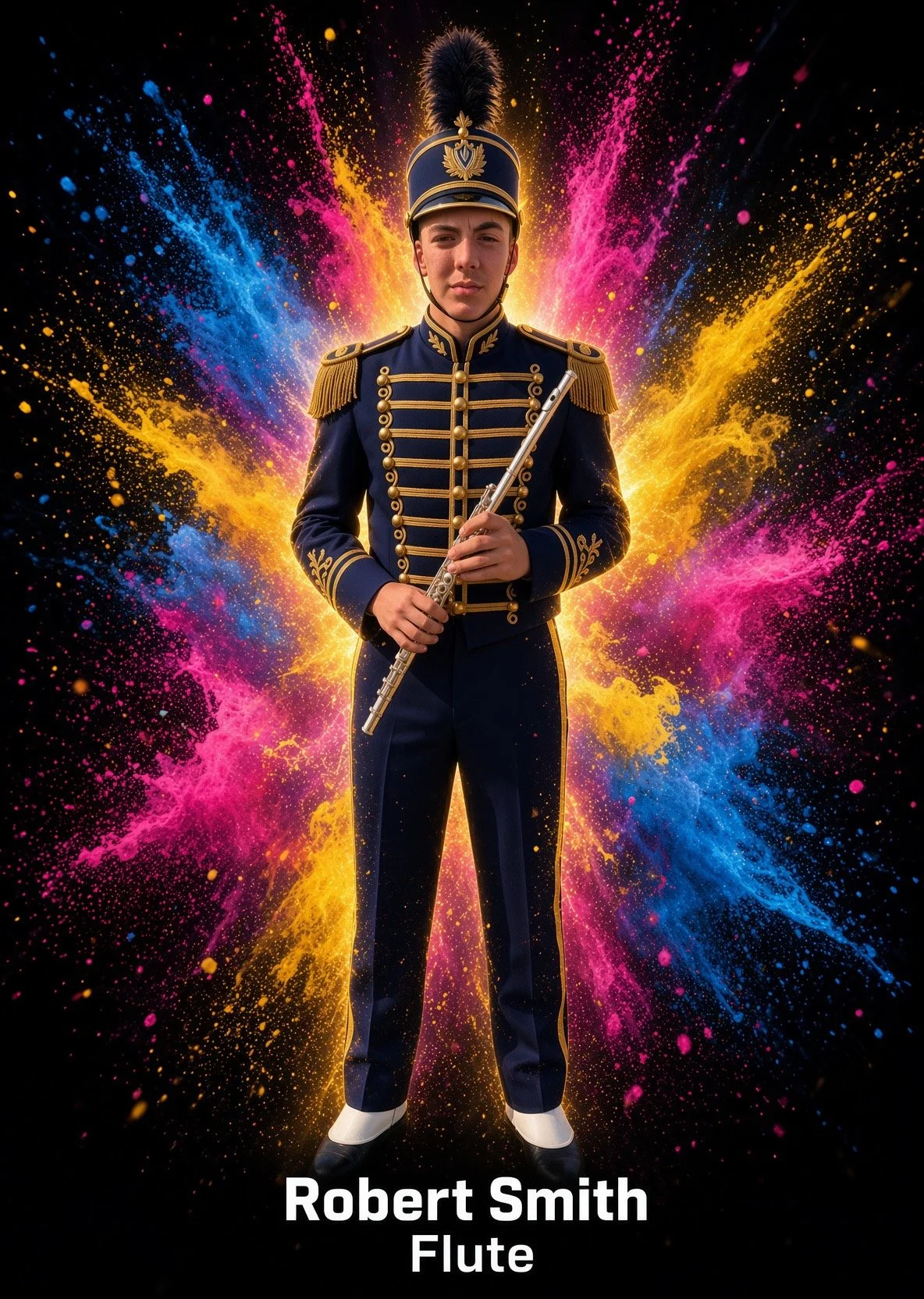 A young man in a marching band uniform holding a flute, standing in front of a colorful explosion of pink, blue, and yellow powder, with text "Robert Smith Flute" at the bottom.
