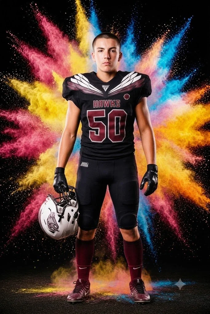 A football player in a black uniform with the number 50 stands confidently with a colorful explosion behind him, holding a helmet in his right hand and wearing gloves and maroon socks.