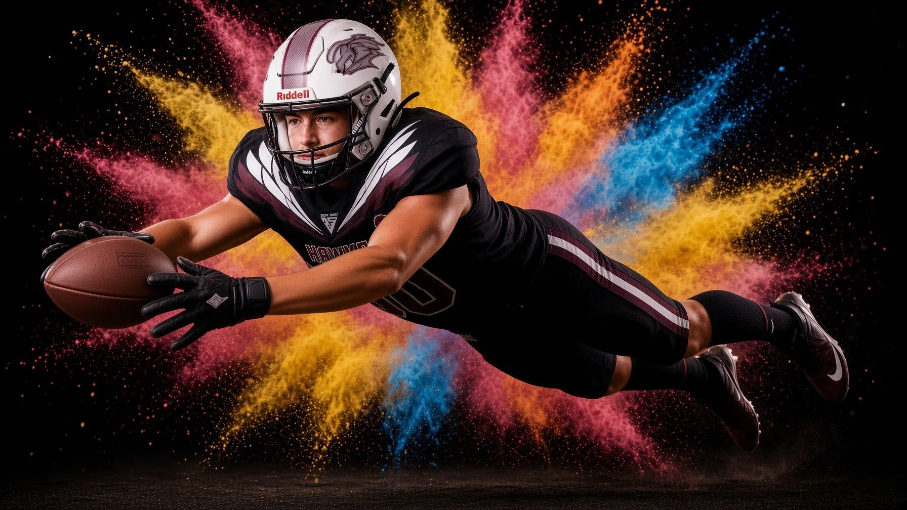 An American football player in a black uniform diving forward with a football in hand, wearing a helmet, against a colorful explosion background.