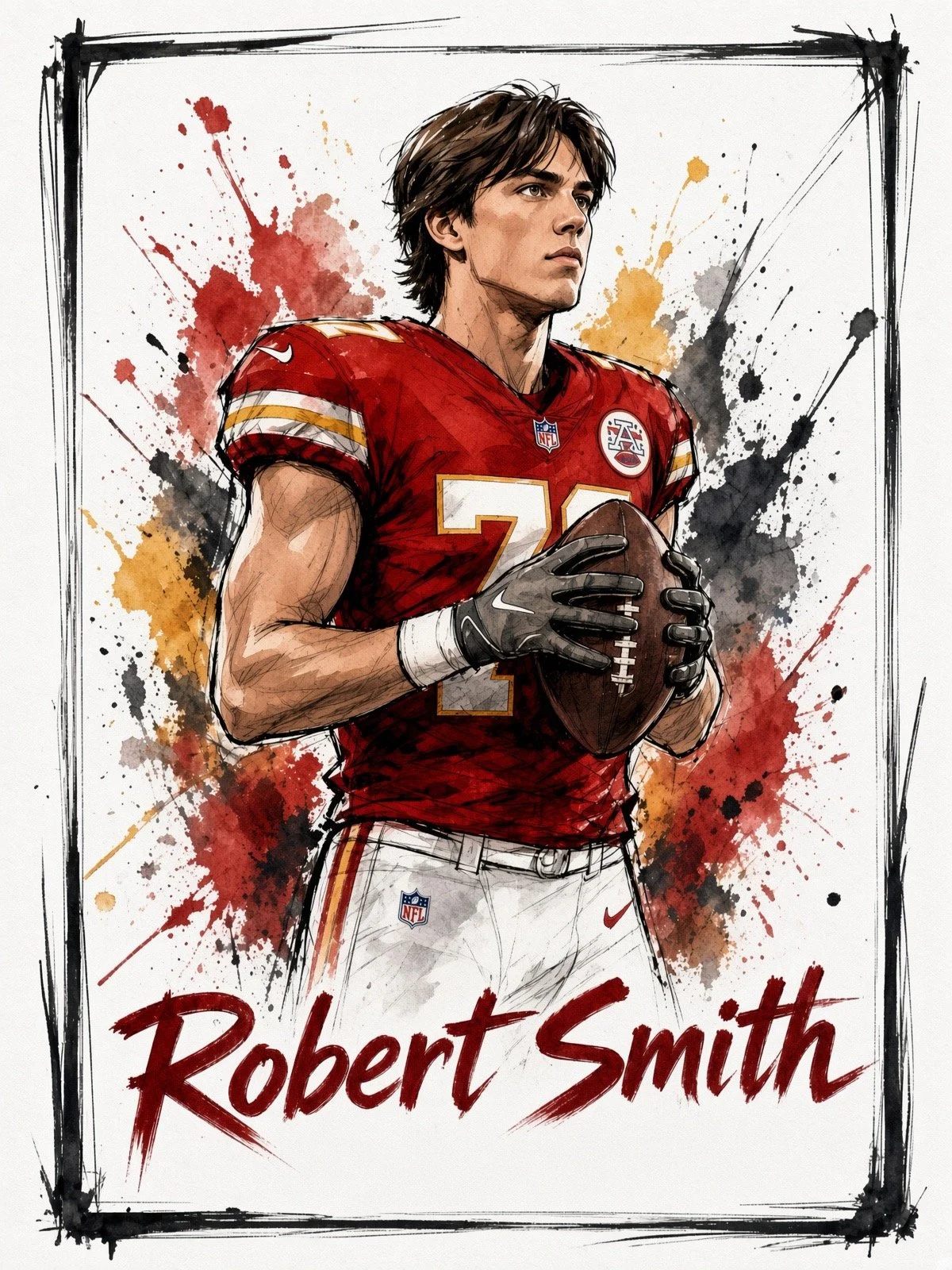 Illustration of a football player in a red Kansas City Chiefs uniform holding a football, with splashes of red, black, and yellow paint in the background and the name "Robert Smith" written at the bottom.