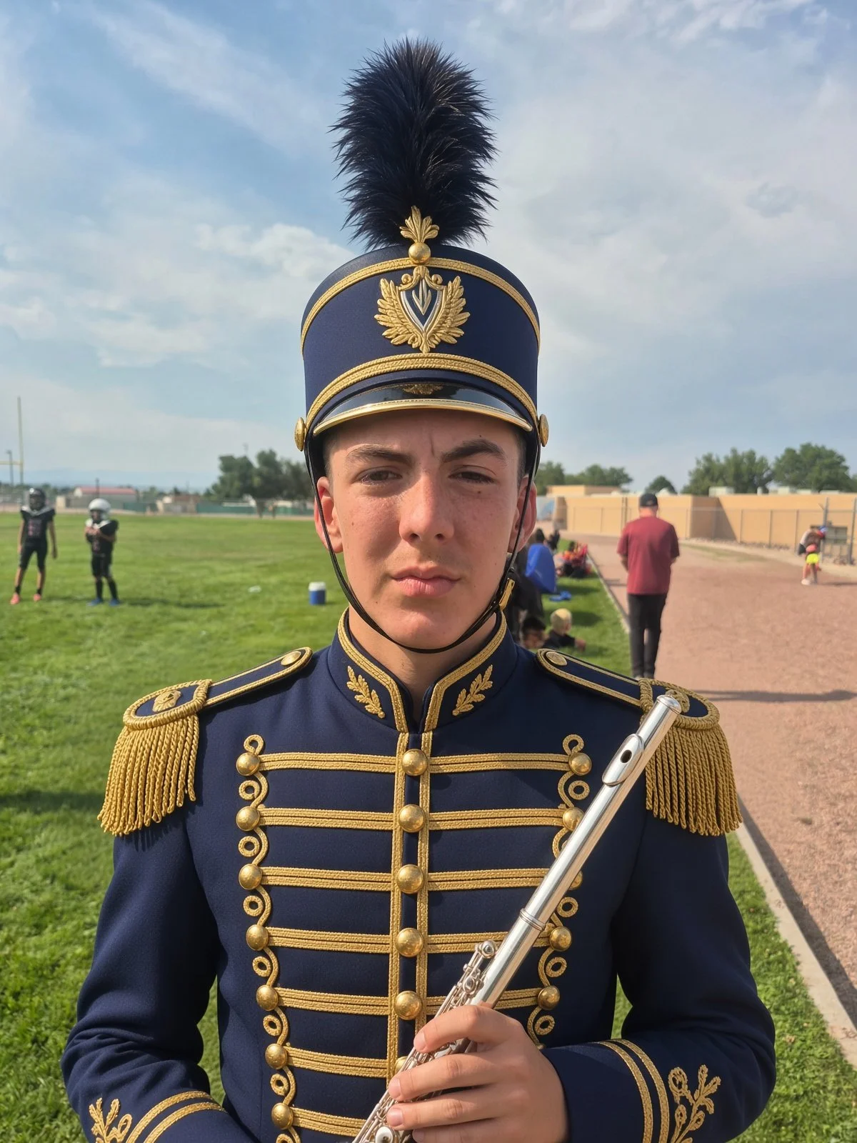 A young male marching band member in a navy blue uniform with gold accents, holding a silver flute, standing outdoors with a field, a fence, and a few people in the background.