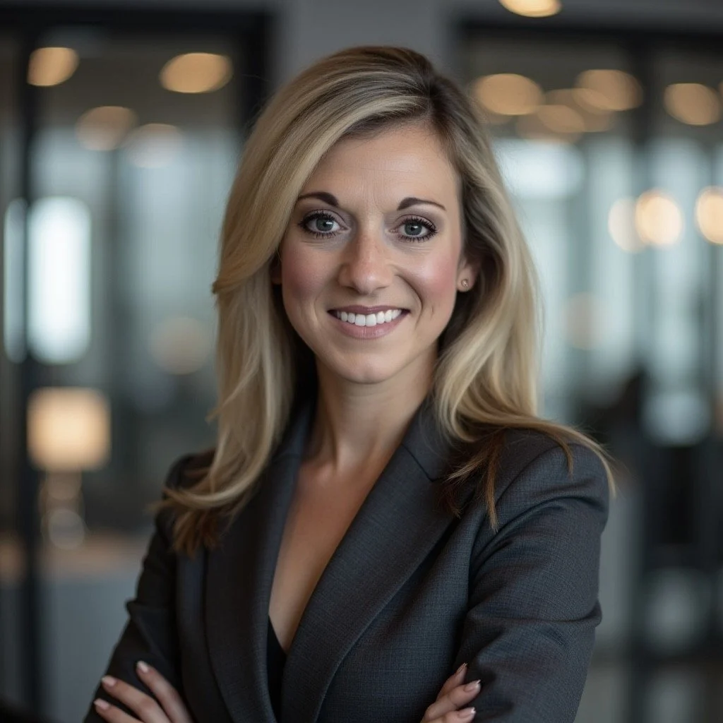 A smiling woman with blonde hair in a professional gray blazer standing with arms crossed in an office setting.