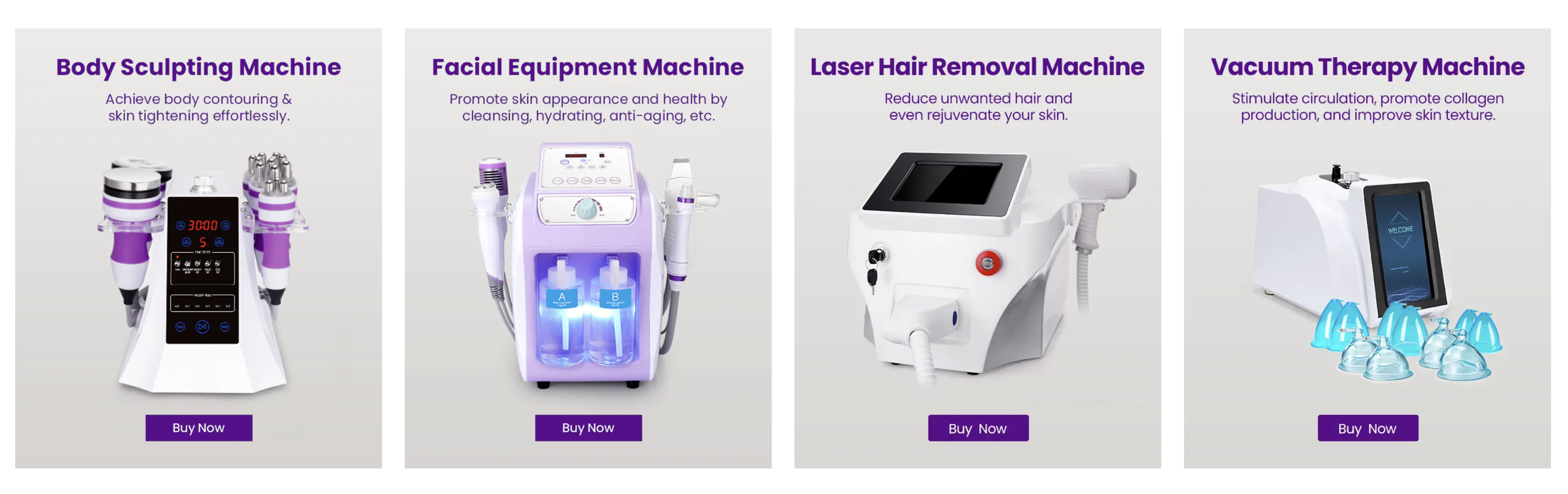 Image showing four different types of beauty and wellness equipment: body sculpting machine, facial equipment machine, laser hair removal machine, and vacuum therapy machine, each pictured with a purple "Buy Now" button below.