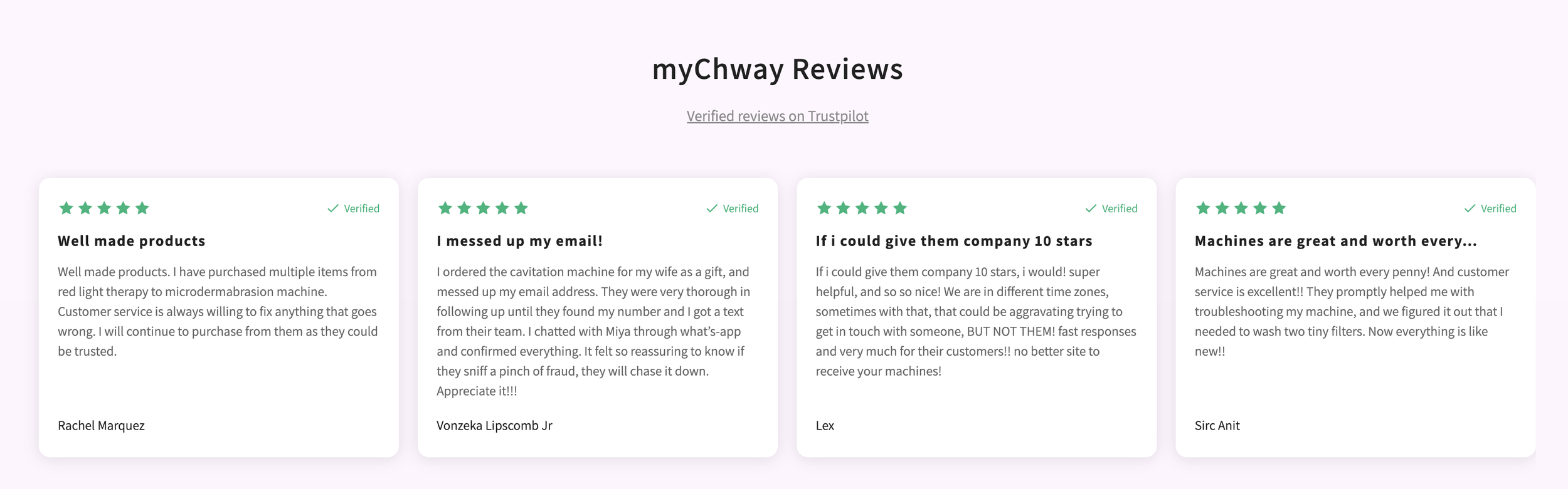 Screenshot of myChway Reviews webpage showing four customer reviews with star ratings, verified checkmarks, and customer comments.