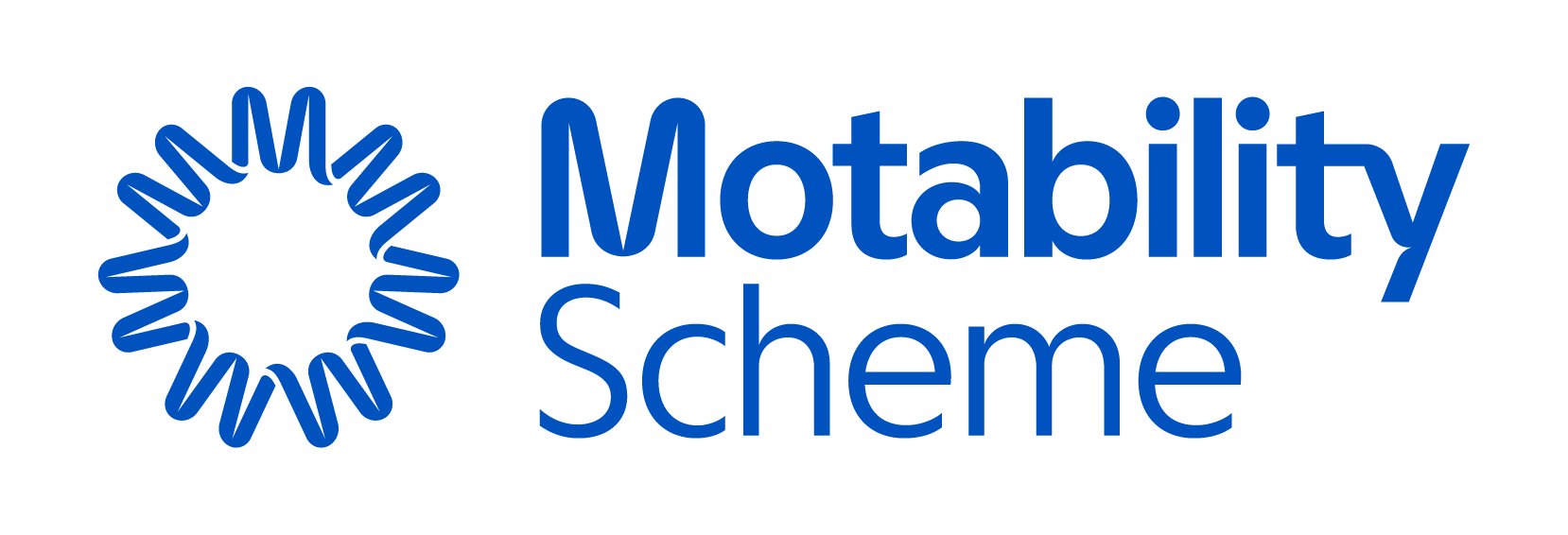 Logo of the Motability Scheme featuring a blue circular design and the words "Motability Scheme" in blue texts.