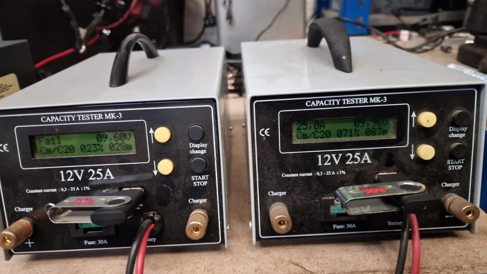 Two capacity testers labeled MK-3, both showing green screens with readings for failed and passed tests. The left tester displays a fail status with a voltage of 09.60V, and the right tester displays a voltage of 25.0V. Each device has yellow and black buttons and connections for testing batteries.