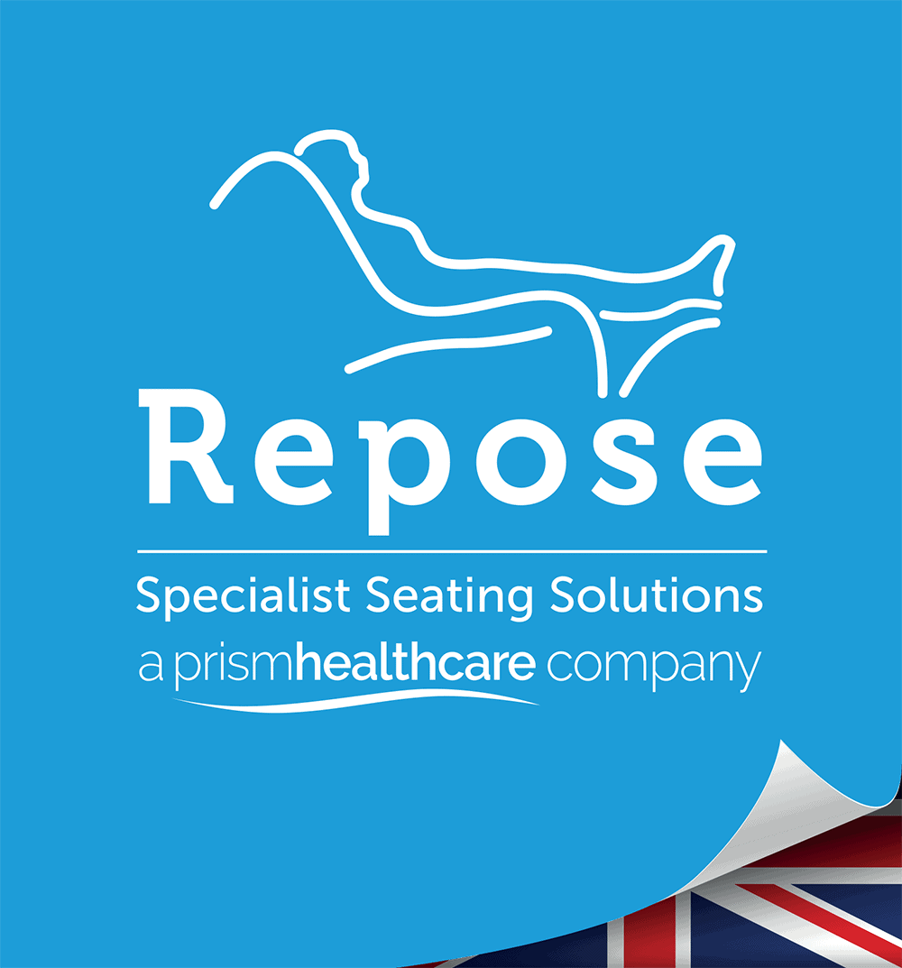 Logo for Repose Specialist Seating Solutions, a prism healthcare company, with a stylized line drawing of a reclining person, and a corner of a UK flag.