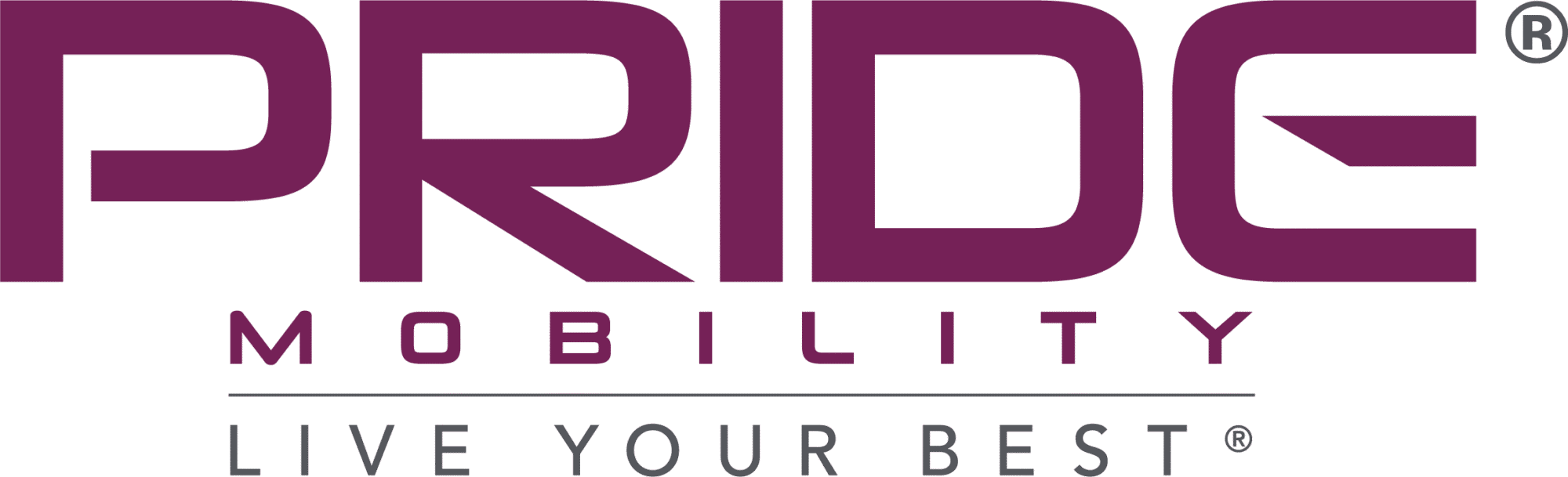 Logo for Pride Mobility featuring stylized purple text that reads 'PRIDE' with a small arrow indentation in the 'E', and the words 'MOBILITY' in smaller purple text below. Underneath, there is a black horizontal line with the tagline 'LIVE YOUR BEST' in gray letters.