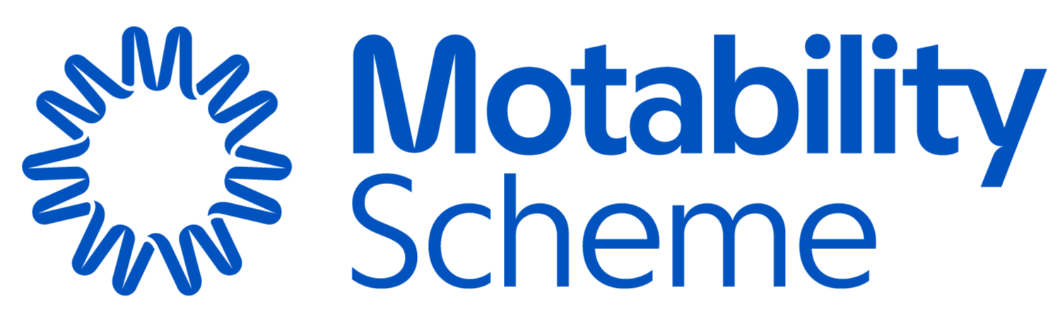Logo for the Motability Scheme featuring a blue stylized circular icon and blue text.