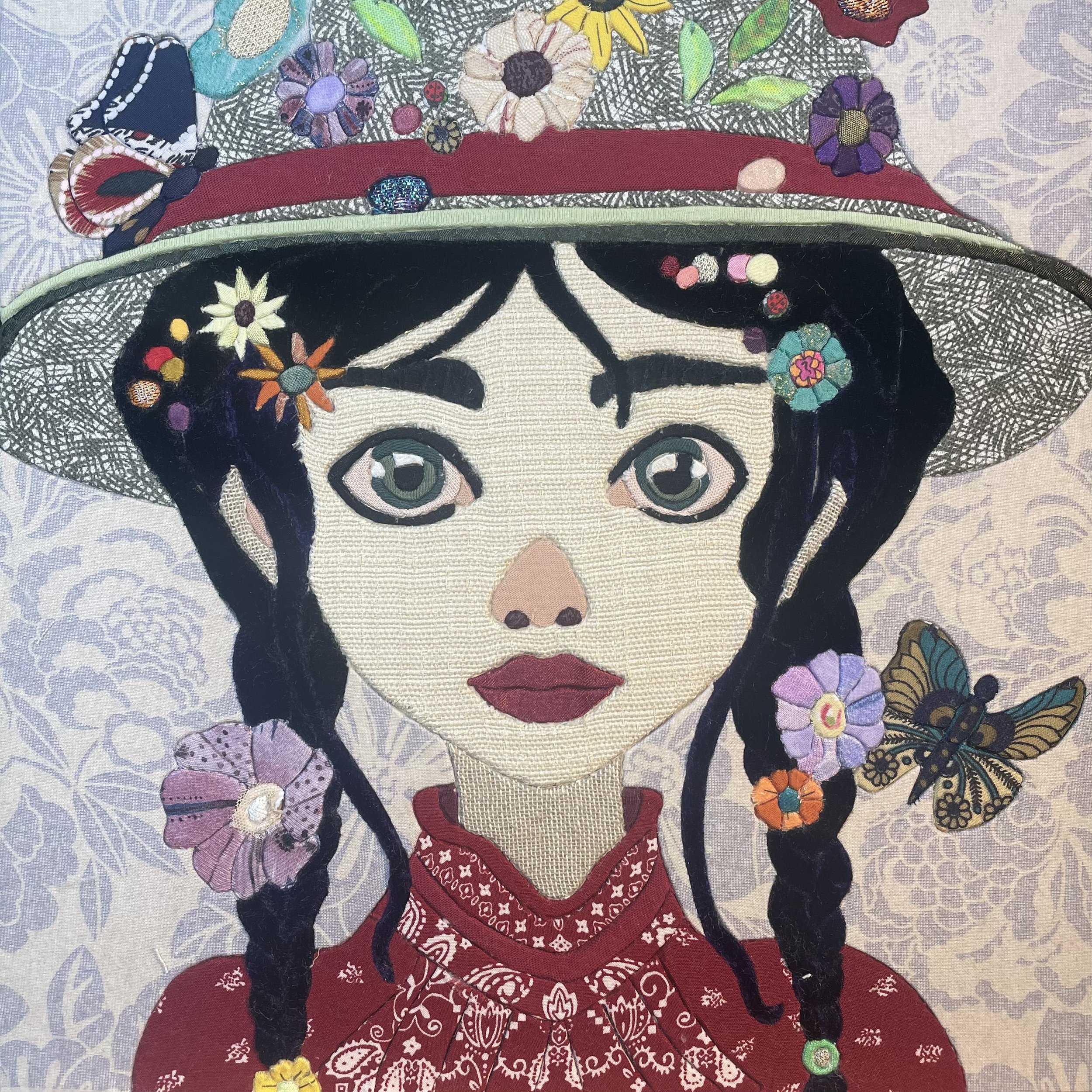 "Wendy Gardner" my first attempt at a larger piece in ply wood - I soon learnt Ply was not for this!  Also an opportunity to test out various different fabric types.