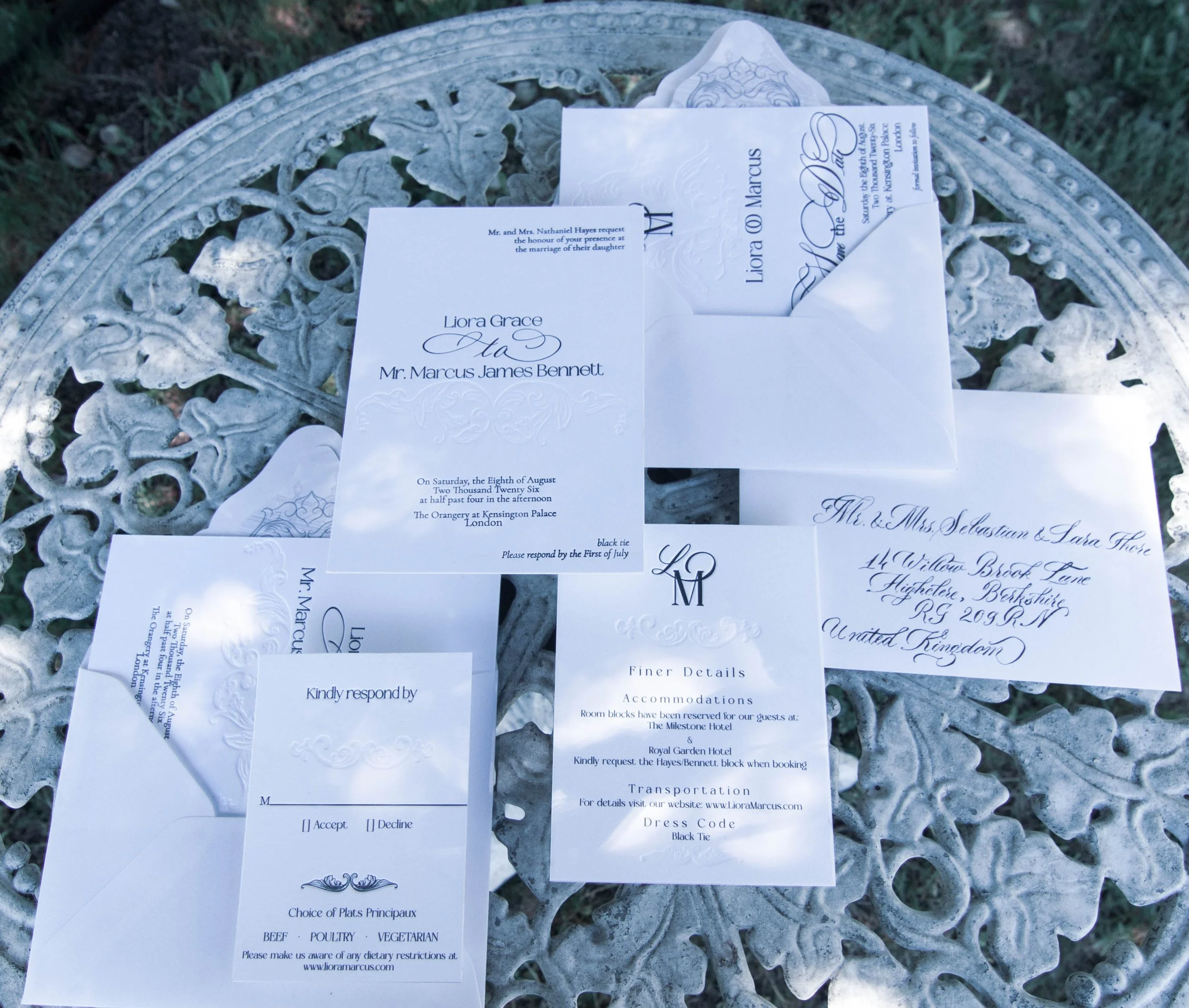 Complete custom wedding invitation suite flat lay AA