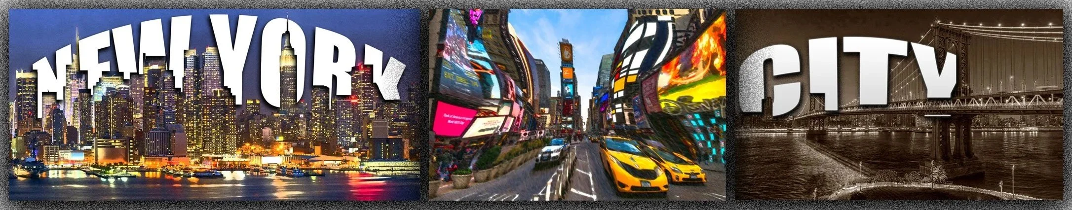 A collage of three images representing New York City, including the city skyline at night with lights, Times Square with bright billboards, and a black and white photo of the Brooklyn Bridge at night.