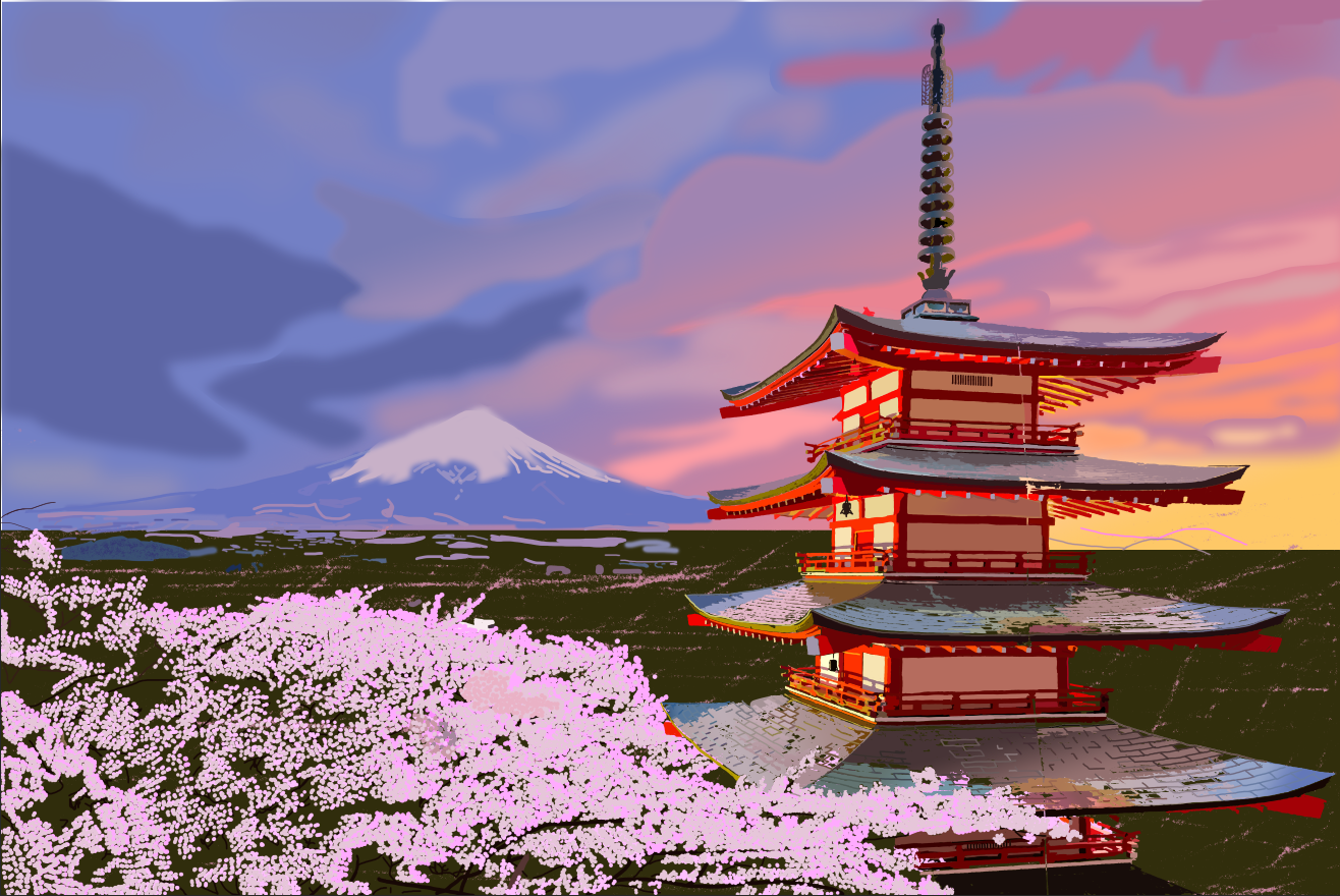An illustration of a traditional Japanese pagoda beside cherry blossom trees with Mount Fuji and a colorful sky in the background.