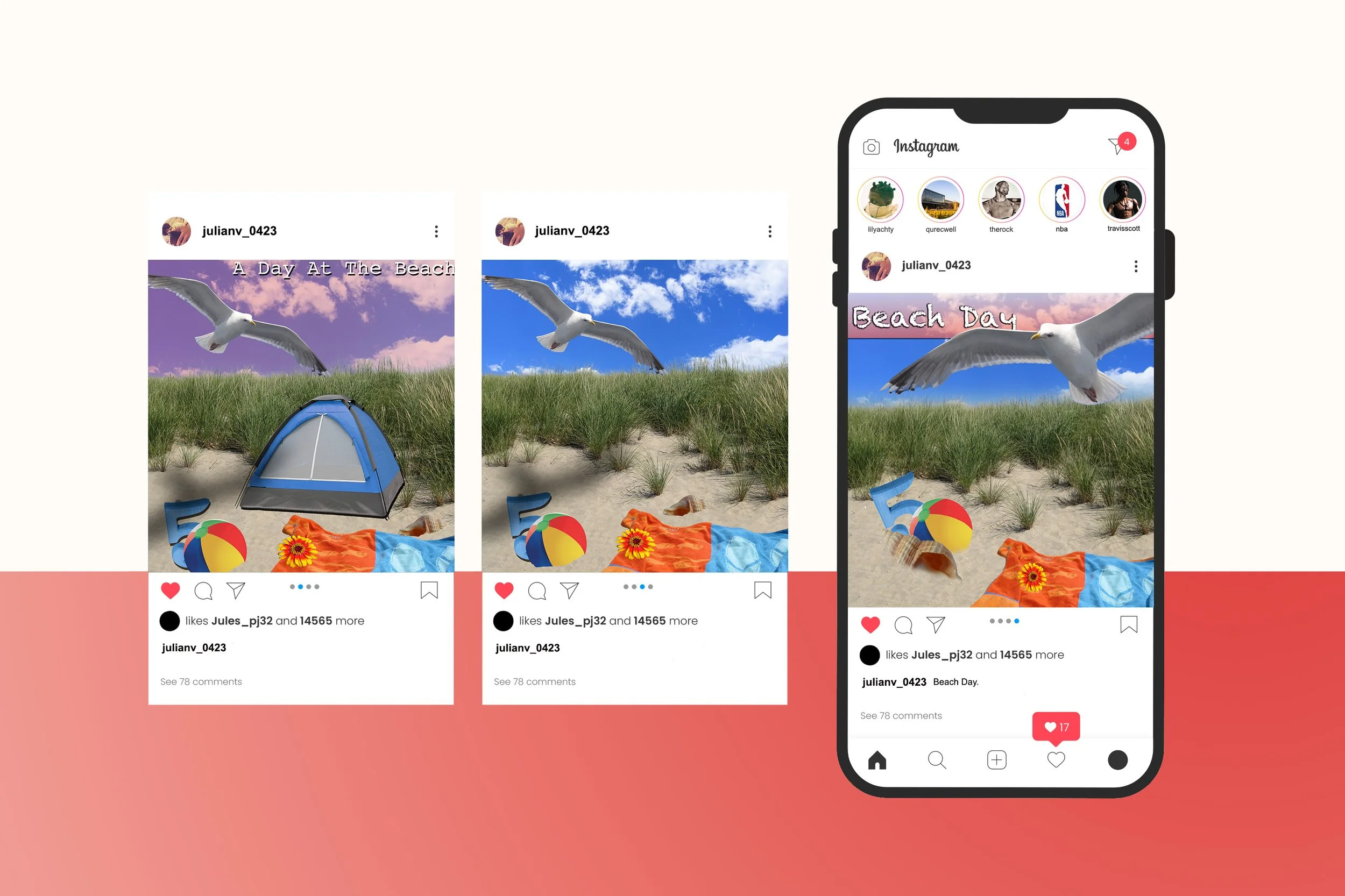 Smartphone showing an Instagram post of a beach scene with a seagull flying above green grass and a blue tent, colorful beach ball, and a towel with a flower on it. The Instagram interface displays profile info, comments, and icons for likes and comm